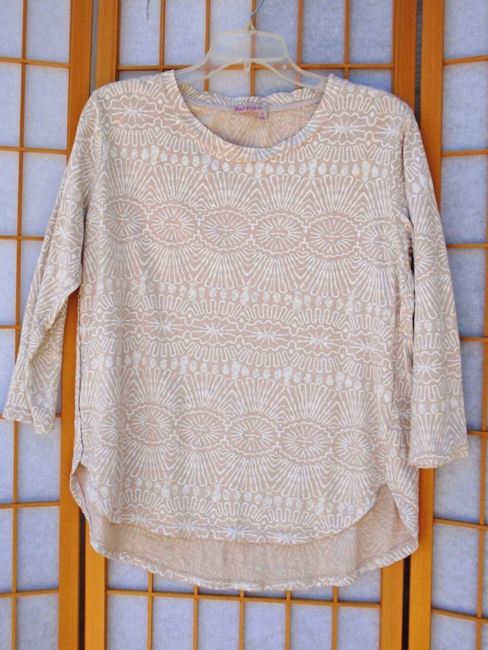 tan Catalina Tunic Washed Khaki Tribal 3/4 sleeve Top